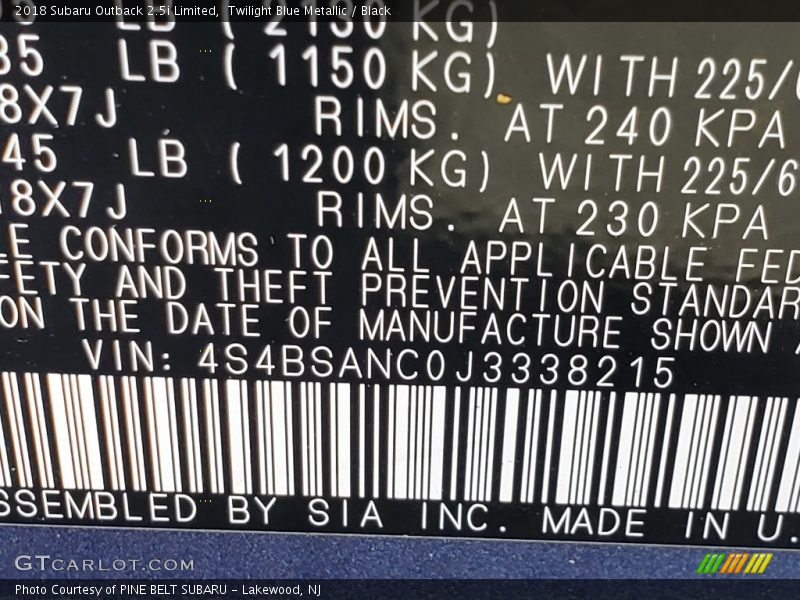 Twilight Blue Metallic / Black 2018 Subaru Outback 2.5i Limited