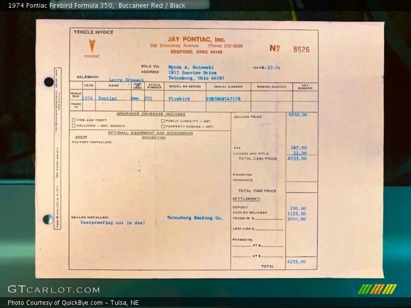  1974 Firebird Formula 350 Window Sticker