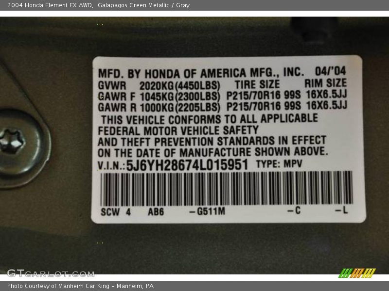 Galapagos Green Metallic / Gray 2004 Honda Element EX AWD
