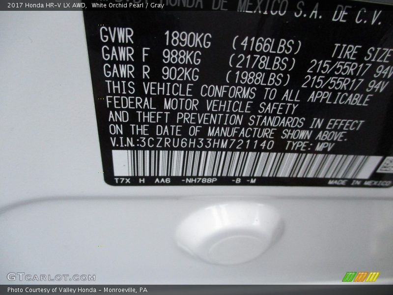 White Orchid Pearl / Gray 2017 Honda HR-V LX AWD