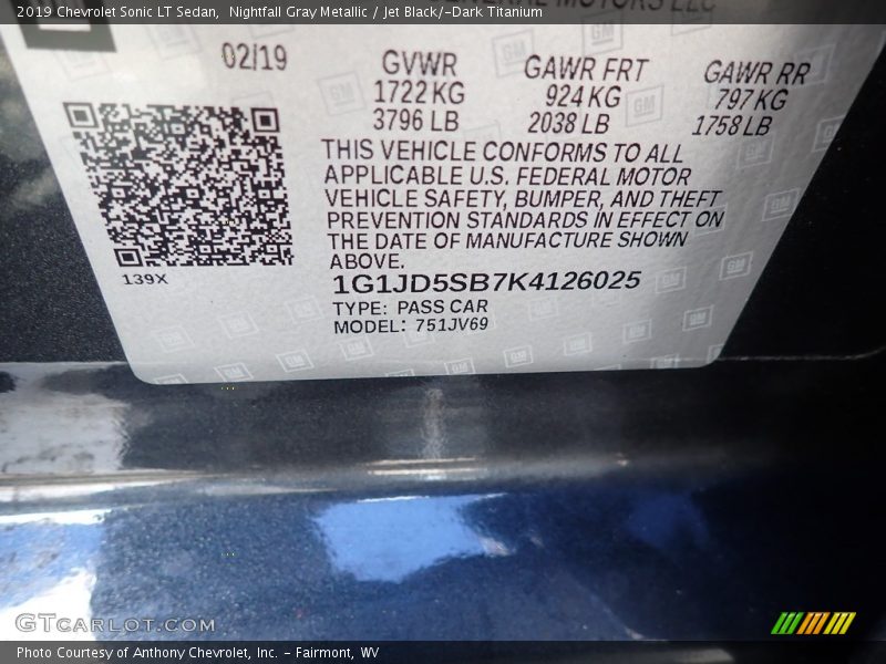 Nightfall Gray Metallic / Jet Black/­Dark Titanium 2019 Chevrolet Sonic LT Sedan