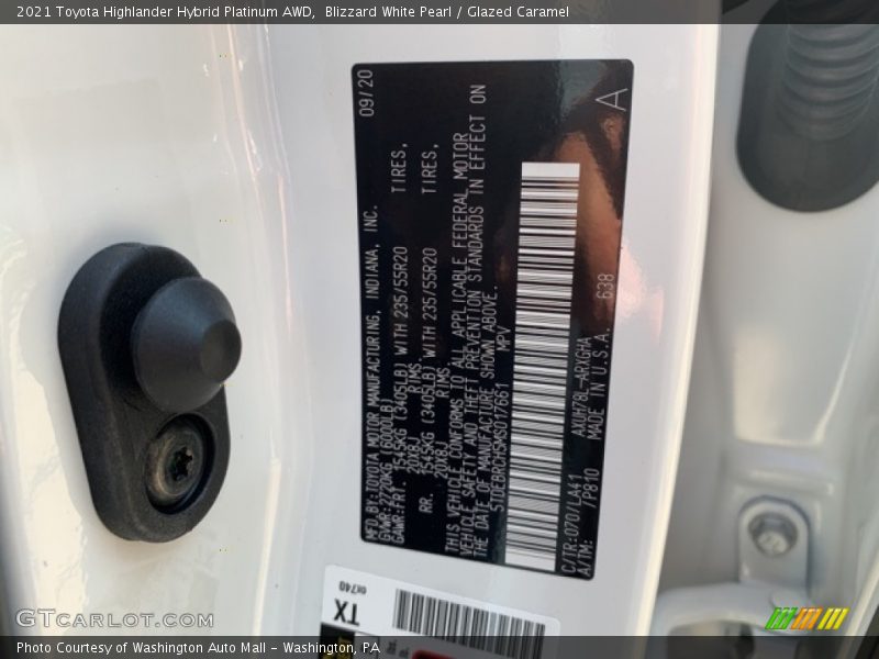 2021 Highlander Hybrid Platinum AWD Blizzard White Pearl Color Code 070