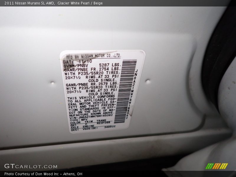 Glacier White Pearl / Beige 2011 Nissan Murano SL AWD