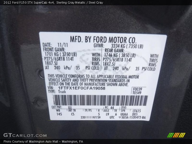 Sterling Gray Metallic / Steel Gray 2012 Ford F150 STX SuperCab 4x4