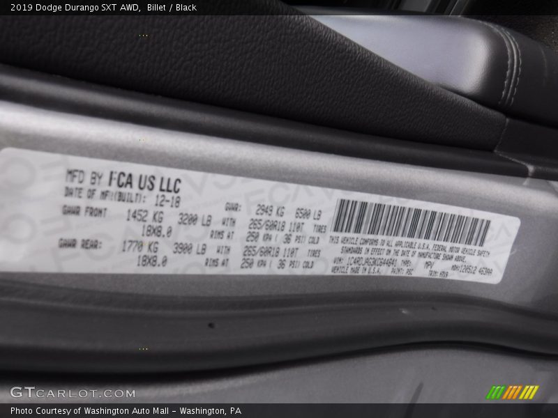 Billet / Black 2019 Dodge Durango SXT AWD