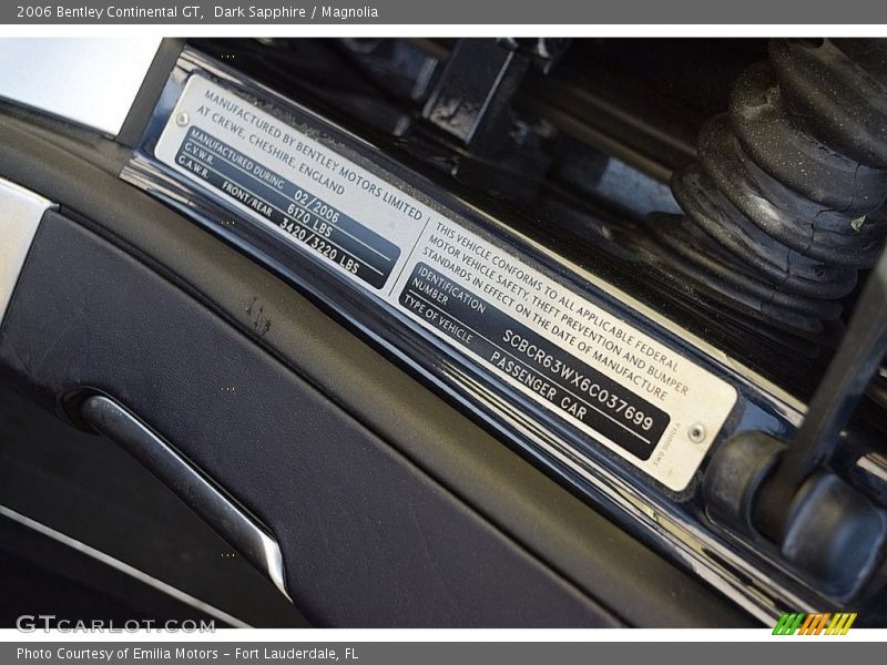 Info Tag of 2006 Continental GT 