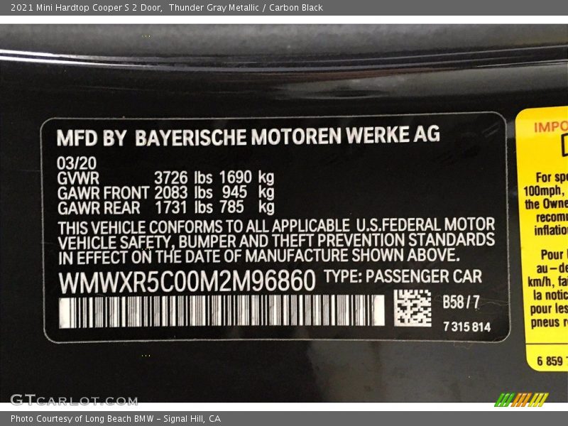 2021 Hardtop Cooper S 2 Door Thunder Gray Metallic Color Code B58