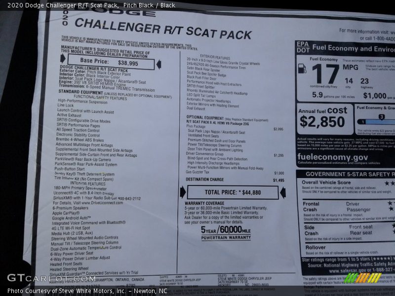  2020 Challenger R/T Scat Pack Window Sticker