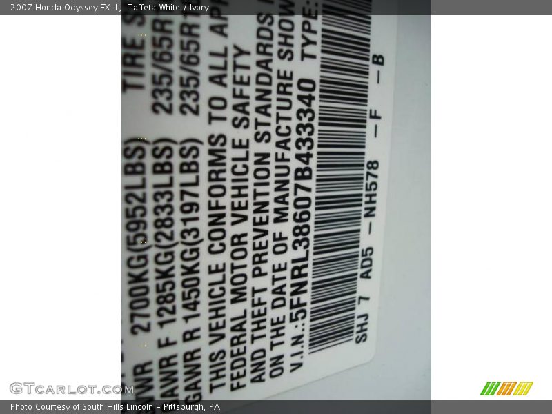 Taffeta White / Ivory 2007 Honda Odyssey EX-L