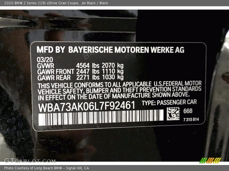 2020 2 Series 228i xDrive Gran Coupe Jet Black Color Code 668