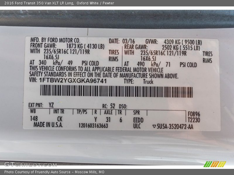 Oxford White / Pewter 2016 Ford Transit 350 Van XLT LR Long