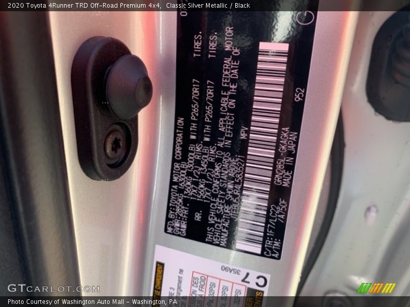 2020 4Runner TRD Off-Road Premium 4x4 Classic Silver Metallic Color Code 1F7