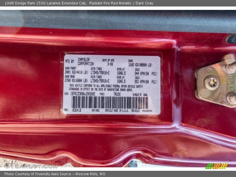 1998 Ram 2500 Laramie Extended Cab Radiant Fire Red Metallic Color Code PRC