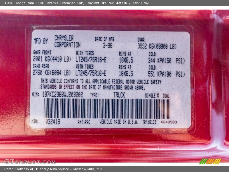 1998 Ram 2500 Laramie Extended Cab Radiant Fire Red Metallic Color Code PRC