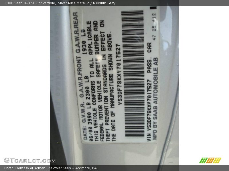 Silver Mica Metallic / Medium Grey 2000 Saab 9-3 SE Convertible
