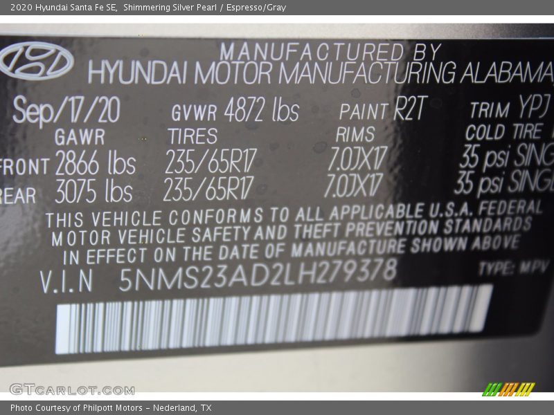 Shimmering Silver Pearl / Espresso/Gray 2020 Hyundai Santa Fe SE