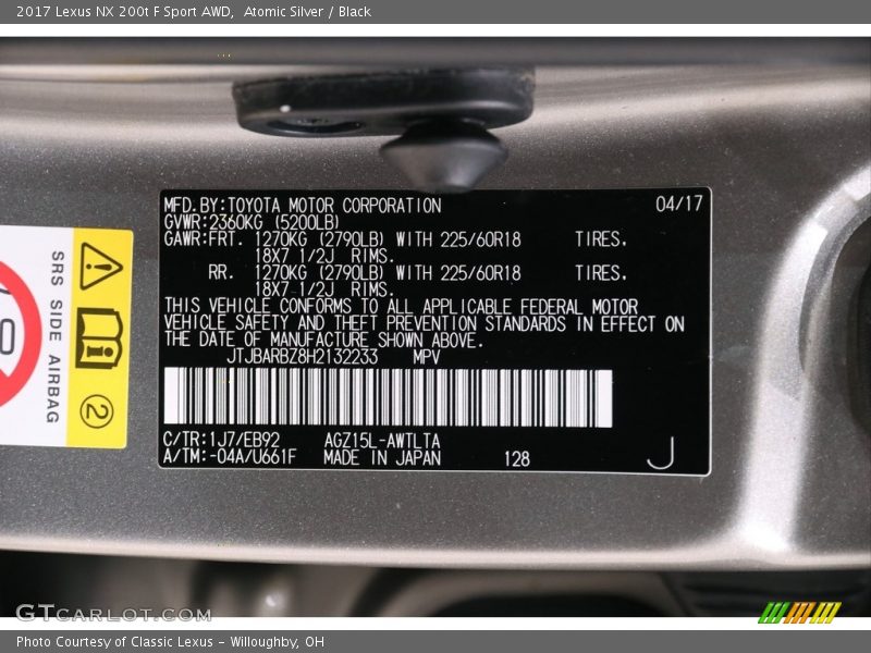 Atomic Silver / Black 2017 Lexus NX 200t F Sport AWD