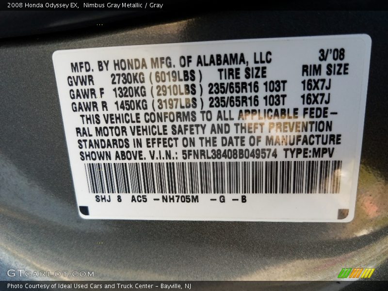 Nimbus Gray Metallic / Gray 2008 Honda Odyssey EX