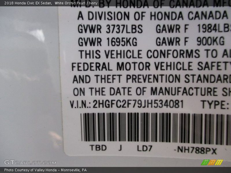 White Orchid Pearl / Ivory 2018 Honda Civic EX Sedan