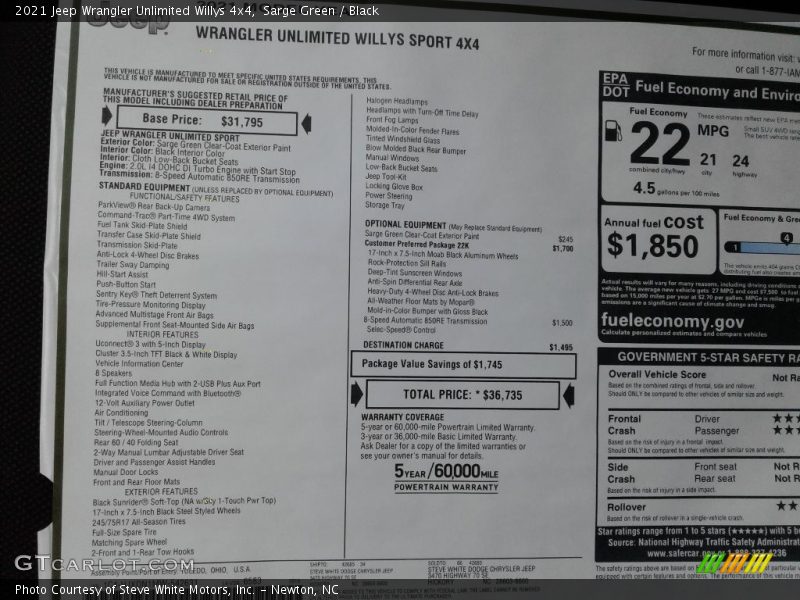  2021 Wrangler Unlimited Willys 4x4 Window Sticker