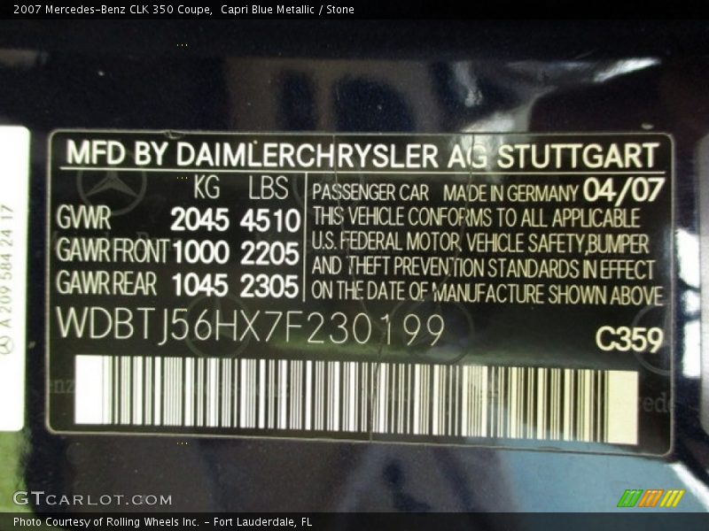2007 CLK 350 Coupe Capri Blue Metallic Color Code 359