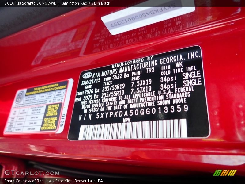 2016 Sorento SX V6 AWD Remington Red Color Code TR3
