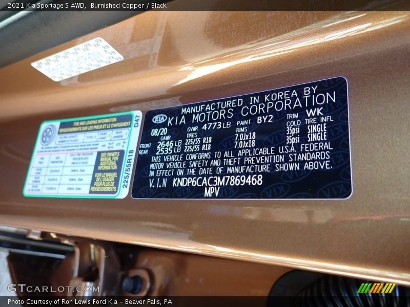 2021 Sportage S AWD Burnished Copper Color Code BY2