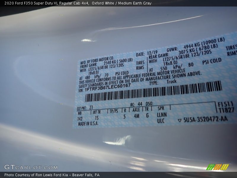 2020 F350 Super Duty XL Regular Cab 4x4 Oxford White Color Code Z1