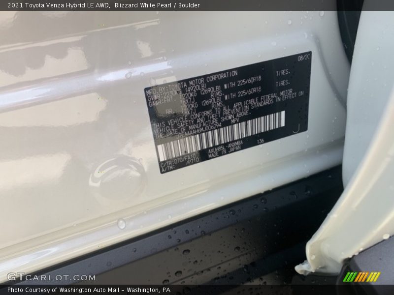 2021 Venza Hybrid LE AWD Blizzard White Pearl Color Code 070
