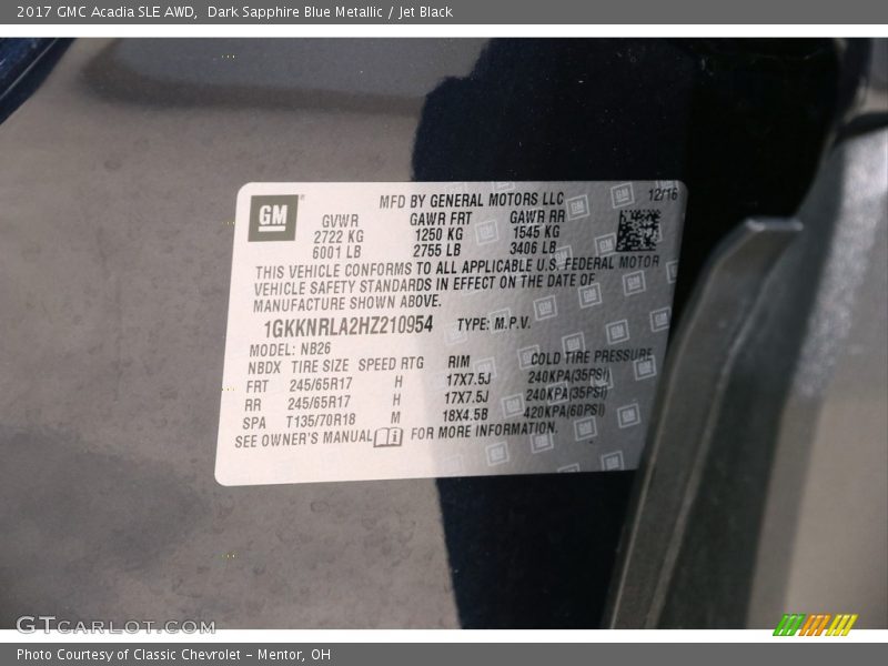 Dark Sapphire Blue Metallic / Jet Black 2017 GMC Acadia SLE AWD
