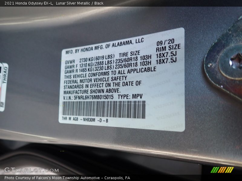2021 Odyssey EX-L Lunar Silver Metallic Color Code NH830M