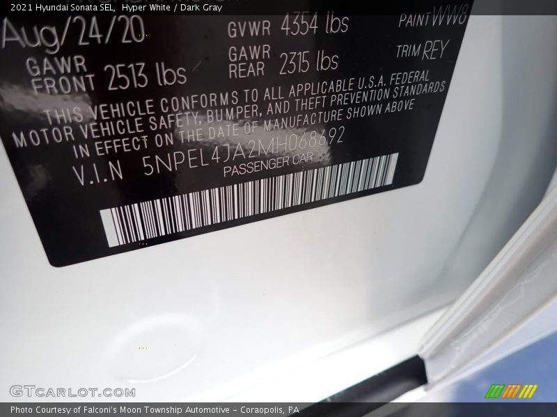 Hyper White / Dark Gray 2021 Hyundai Sonata SEL