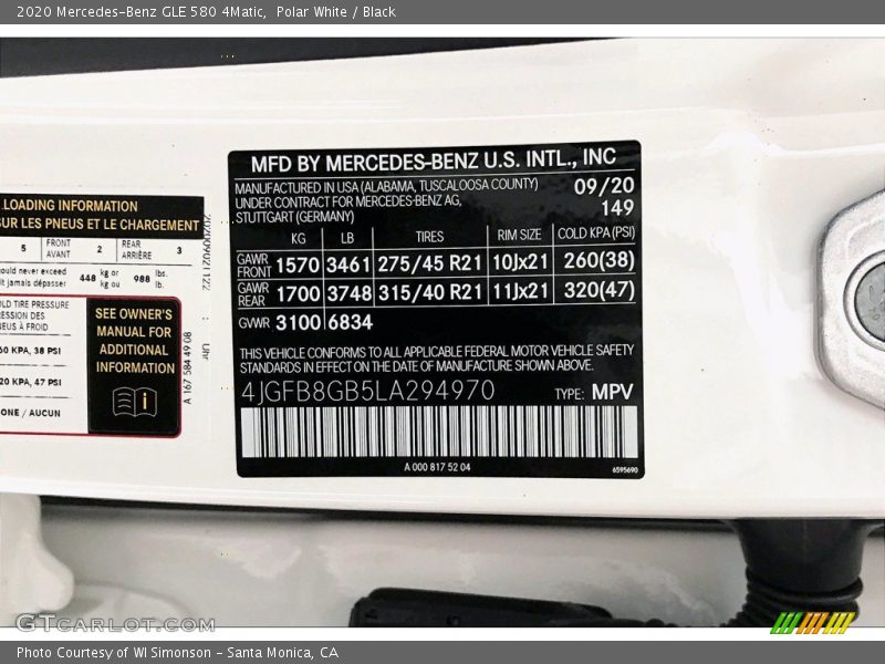 2020 GLE 580 4Matic Polar White Color Code 149