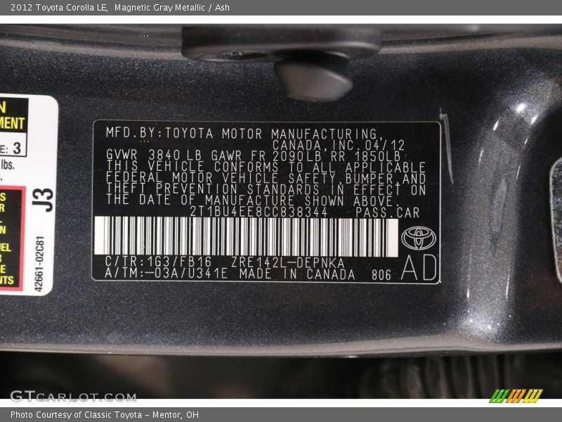 Magnetic Gray Metallic / Ash 2012 Toyota Corolla LE