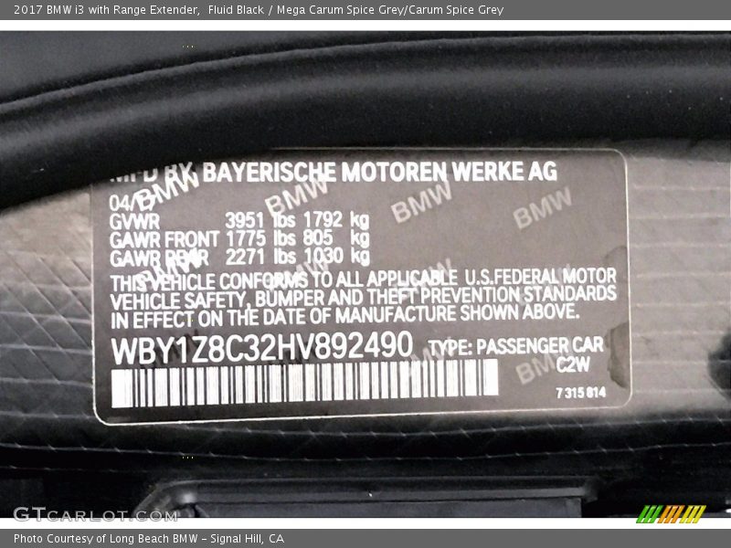 Fluid Black / Mega Carum Spice Grey/Carum Spice Grey 2017 BMW i3 with Range Extender