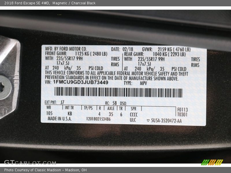 Magnetic / Charcoal Black 2018 Ford Escape SE 4WD