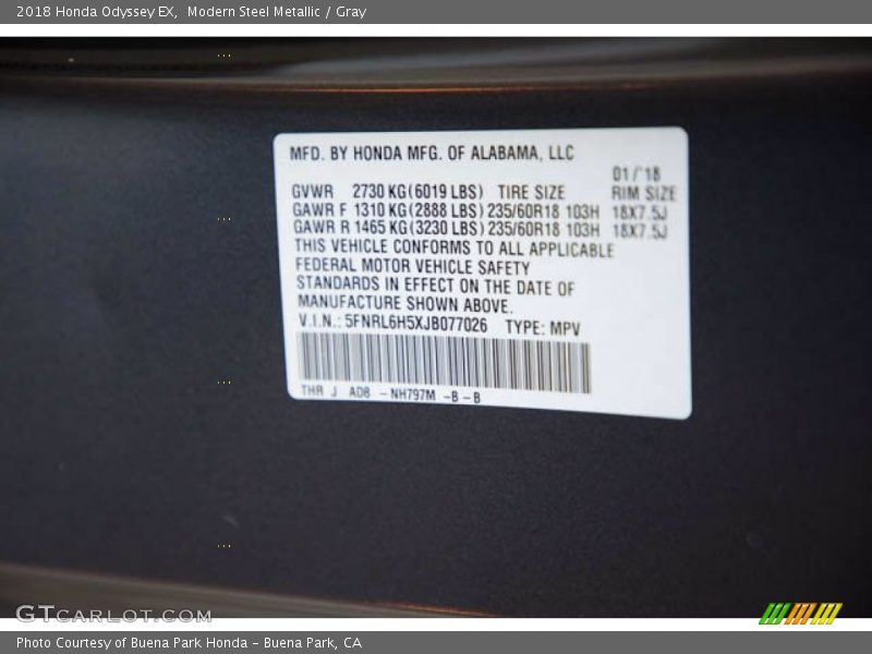 Modern Steel Metallic / Gray 2018 Honda Odyssey EX