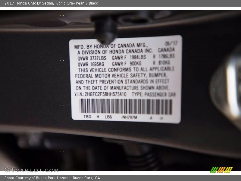 Sonic Gray Pearl / Black 2017 Honda Civic LX Sedan