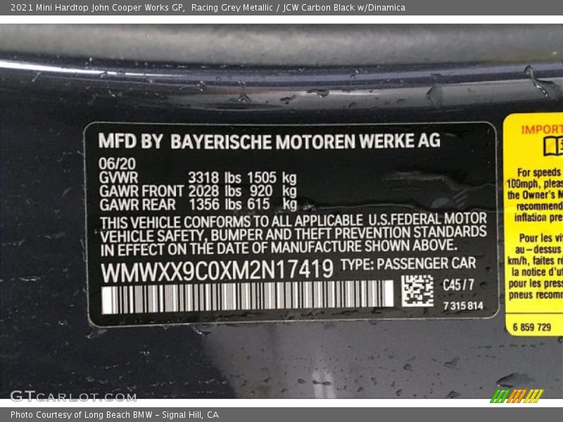 2021 Hardtop John Cooper Works GP Racing Grey Metallic Color Code C45