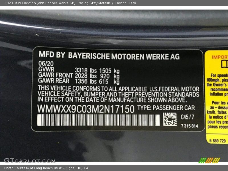 2021 Hardtop John Cooper Works GP Racing Grey Metallic Color Code C45