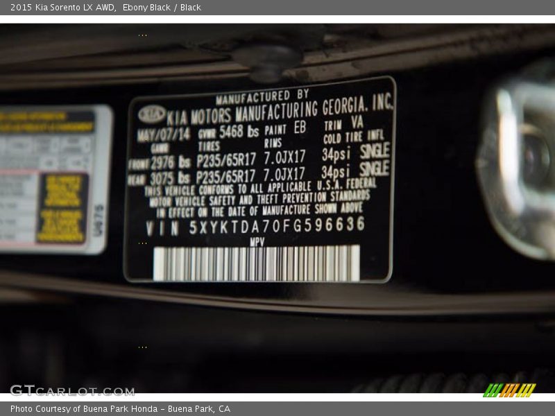 2015 Sorento LX AWD Ebony Black Color Code EB