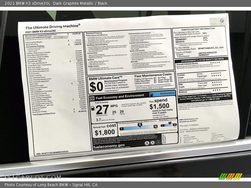  2021 X3 sDrive30i Window Sticker