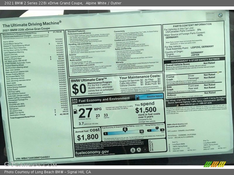  2021 2 Series 228i xDrive Grand Coupe Window Sticker