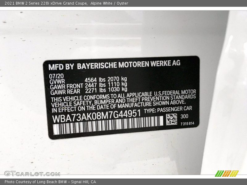 2021 2 Series 228i xDrive Grand Coupe Alpine White Color Code 300