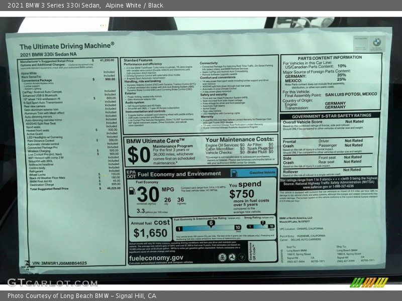  2021 3 Series 330i Sedan Window Sticker