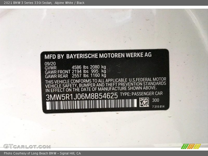 2021 3 Series 330i Sedan Alpine White Color Code 300