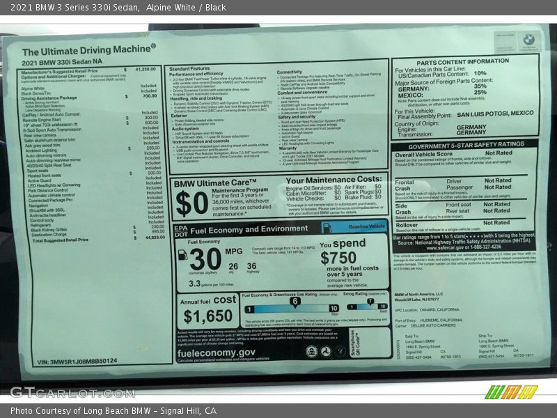  2021 3 Series 330i Sedan Window Sticker