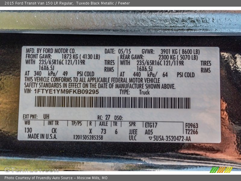 2015 Transit Van 150 LR Regular Tuxedo Black Metallic Color Code UH