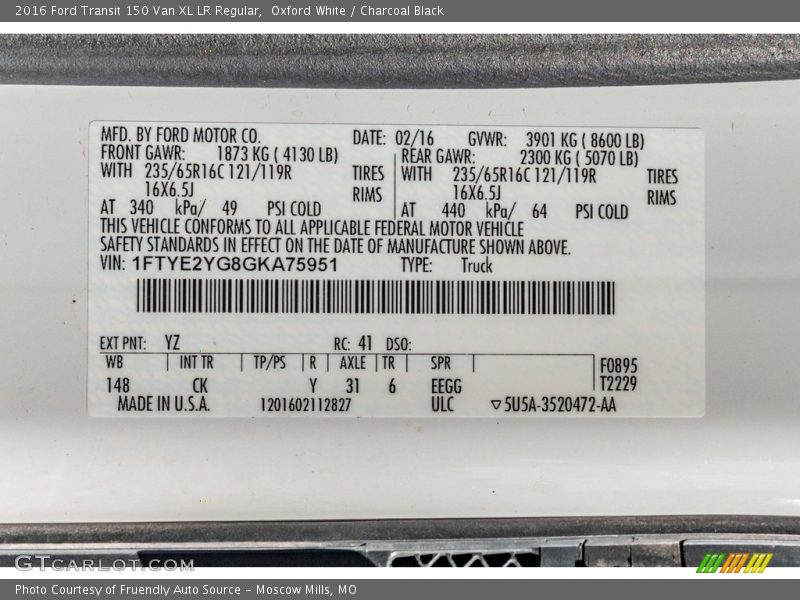 2016 Transit 150 Van XL LR Regular Oxford White Color Code YZ