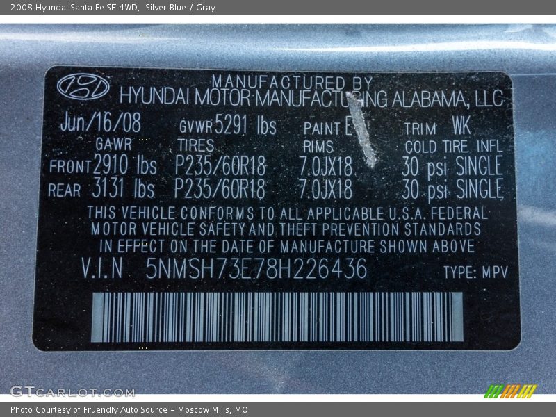 Silver Blue / Gray 2008 Hyundai Santa Fe SE 4WD